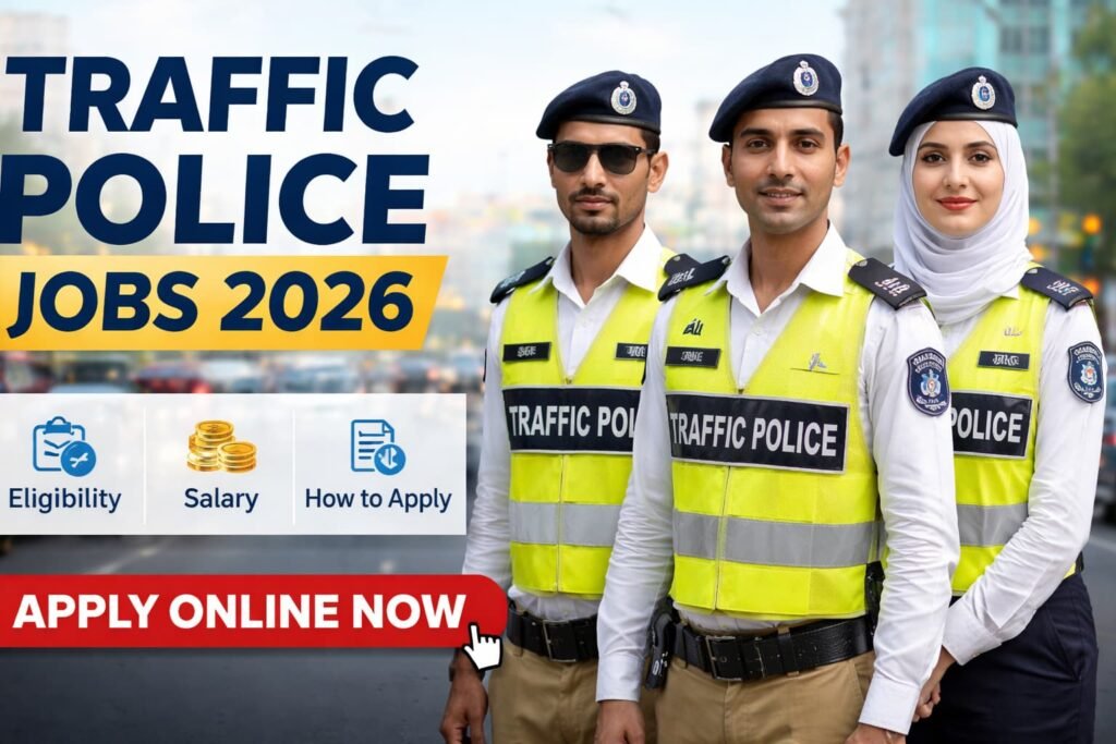 Verified Traffic Police Jobs 2026 official recruitment thumbnail showing uniformed traffic police officers with apply online guidance