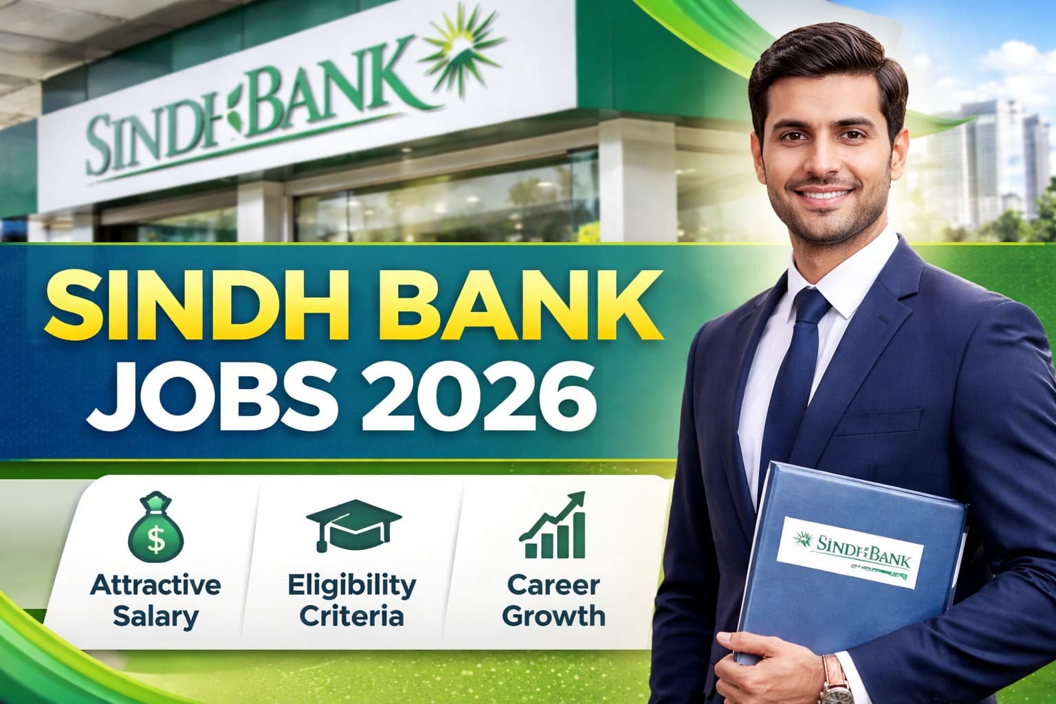 Sindh Bank Jobs 2026 official recruitment thumbnail showing a professional banker in front of a Sindh Bank branch highlighting career opportunities, salary, eligibility, and growth