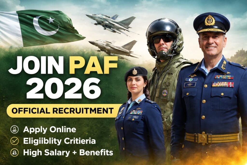 Join PAF 2026 official recruitment banner showing Pakistan Air Force personnel, fighter jets, and apply online message for federal service careers