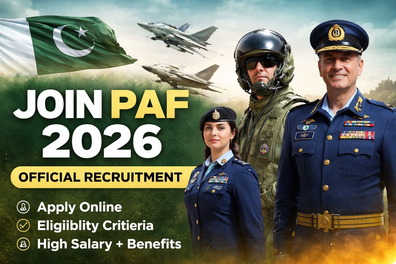 Join PAF 2026 official recruitment banner showing Pakistan Air Force personnel, fighter jets, and apply online message for federal service careers