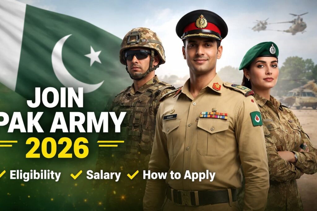Official 16:9 thumbnail for Join Pak Army 2026 recruitment, showing a soldier in combat gear, Pakistan flag, Minar-e-Pakistan, Army emblem, and key recruitment highlights.