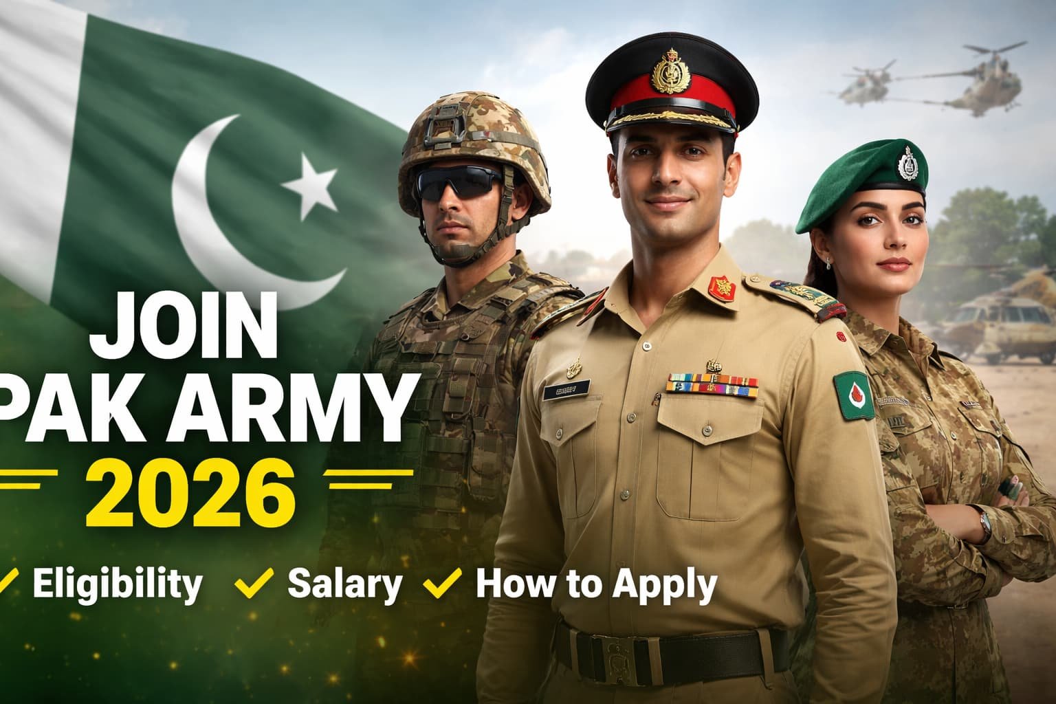 Official 16:9 thumbnail for Join Pak Army 2026 recruitment, showing a soldier in combat gear, Pakistan flag, Minar-e-Pakistan, Army emblem, and key recruitment highlights.