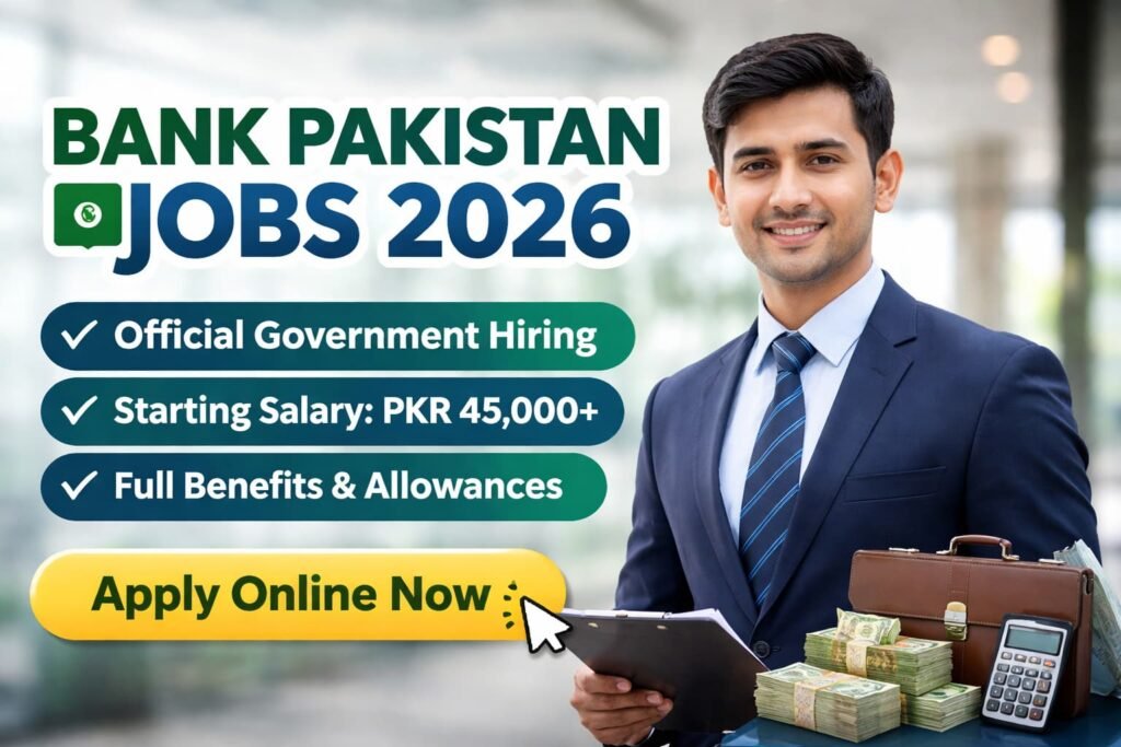 Official Bank Pakistan Jobs 2026 thumbnail showing a professional bank officer with job highlights, salary information, and secure online application message in a modern banking environment.