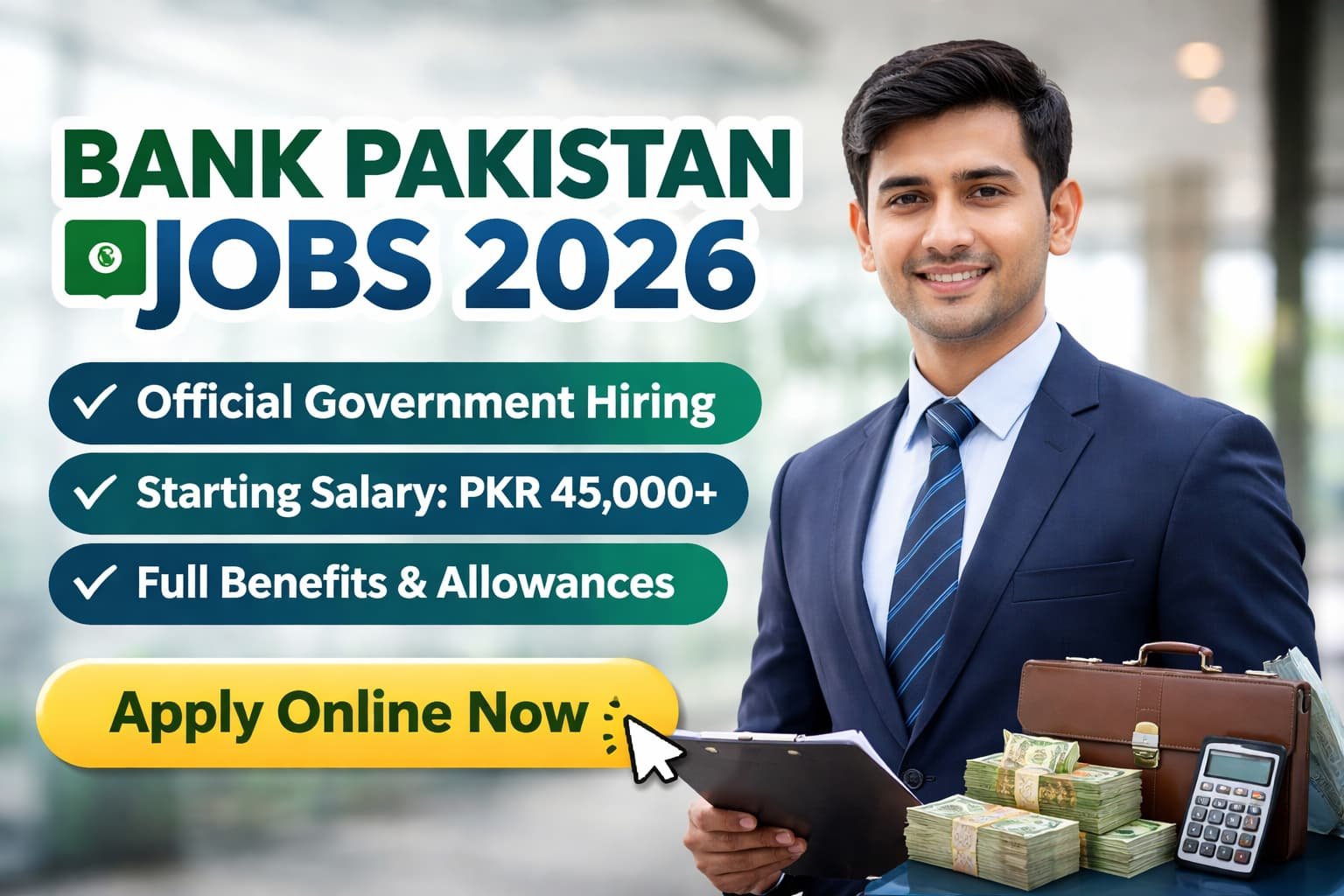 Official Bank Pakistan Jobs 2026 thumbnail showing a professional bank officer with job highlights, salary information, and secure online application message in a modern banking environment.