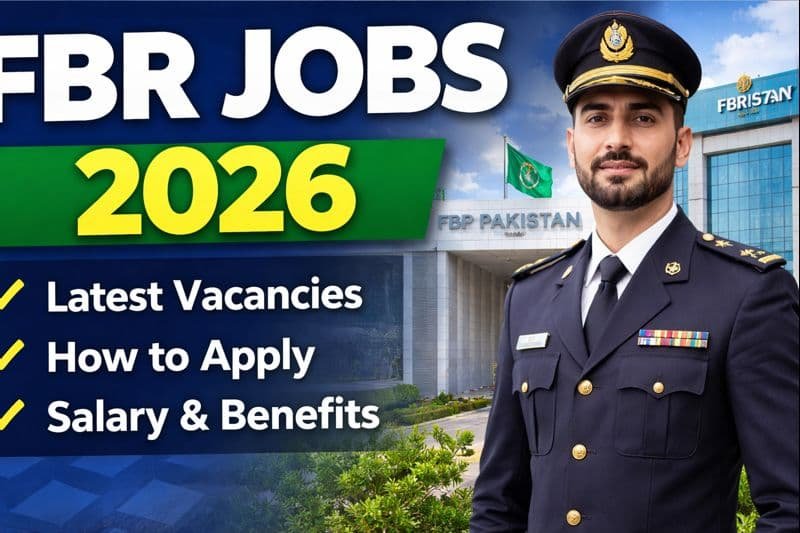 Official FBR Jobs 2026 thumbnail showing Federal Board of Revenue building, apply guide banner, eligibility, salary details, and online application prompt for Pakistan federal careers.