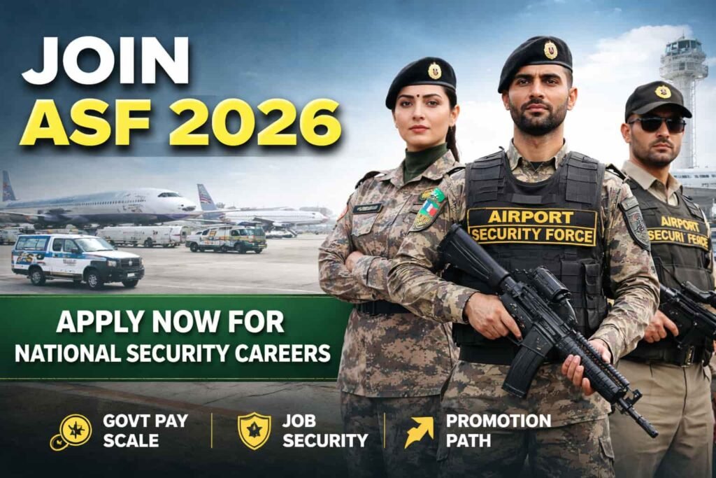 Official Join ASF 2026 recruitment thumbnail showing Airports Security Force officers at an airport with apply now message for secure government jobs in Pakistan.