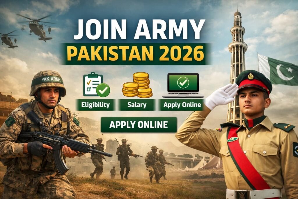 Official Join Army Pakistan 2026 recruitment thumbnail showing Pakistan Army officers and soldiers standing in uniform, representing national service and career opportunities.