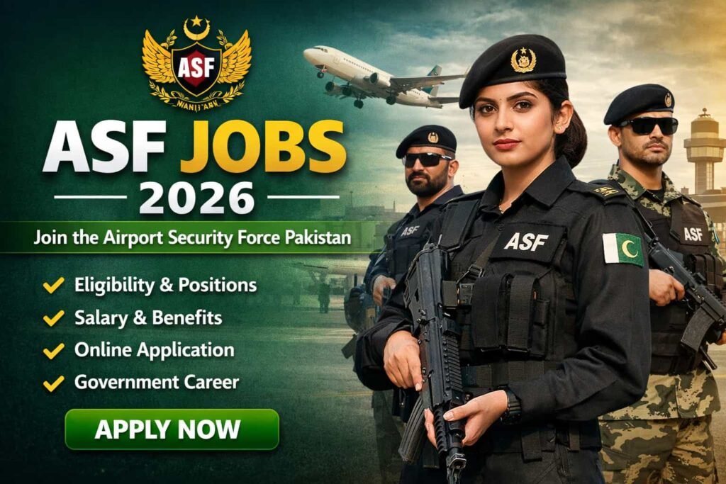 Official asf jobs 2026 thumbnail showing Airport Security Force personnel at a Pakistani airport with recruitment highlights