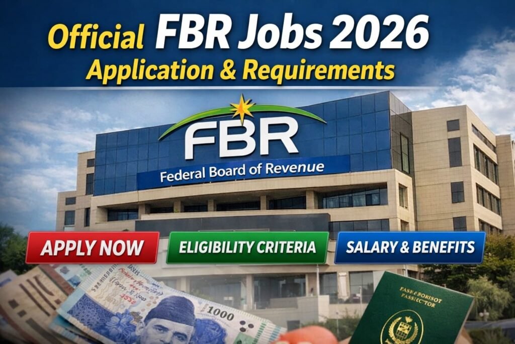 Official fbr jobs 2026 recruitment showing Federal Board of Revenue building with secure online application and eligibility details