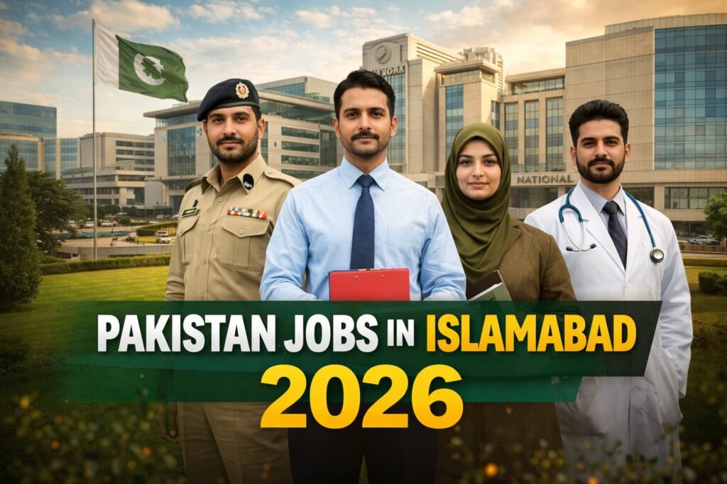 Official Pakistan Jobs in Islamabad 2026 thumbnail showing federal office buildings, job seekers submitting applications online, and icons representing salaries, benefits, and secure employment.