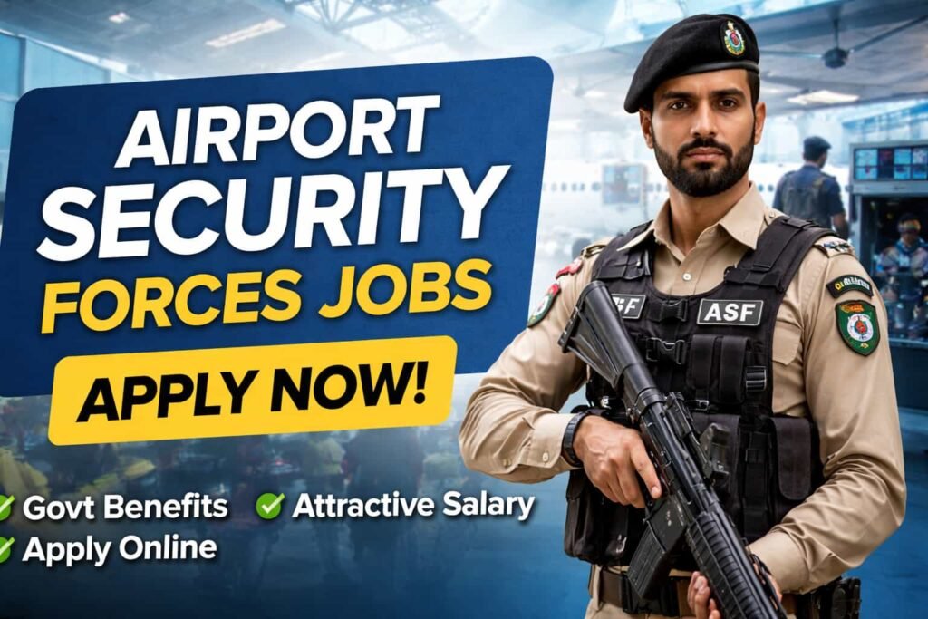 Verified airport security forces job recruitment thumbnail showing an ASF officer at a modern airport terminal.