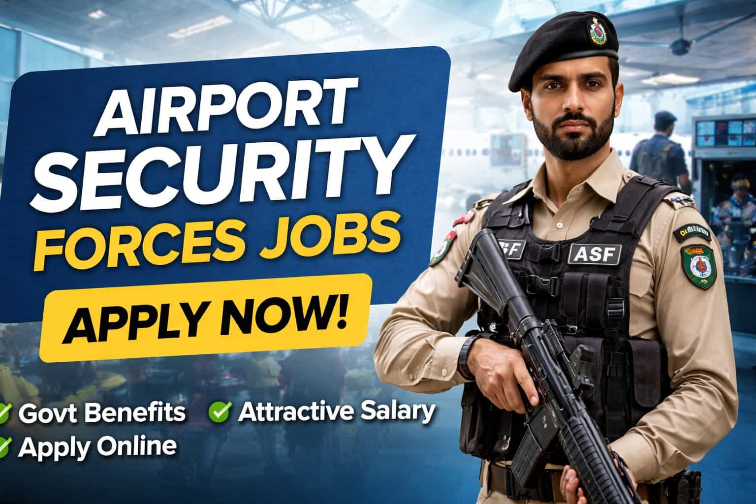 Verified airport security forces job recruitment thumbnail showing an ASF officer at a modern airport terminal.