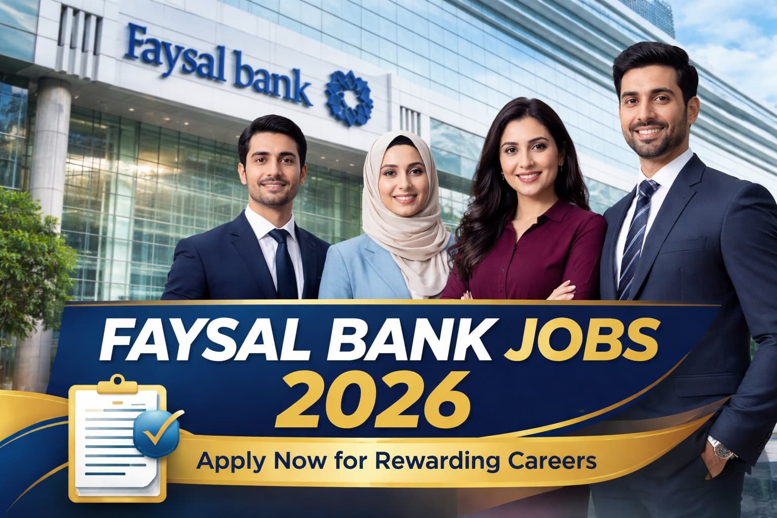 Verified Faysal Bank Jobs 2026 thumbnail showing professional Pakistani bankers in front of Faysal Bank headquarters with apply now message