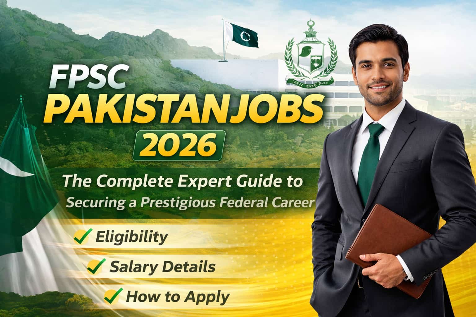 Banner showing FPSC Pakistan Jobs 2026 guide with a uniformed officer and federal building representing careers through the Federal Public Service Commission