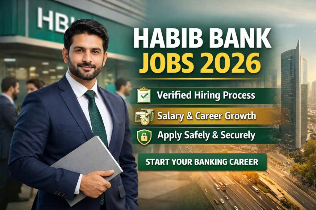 Habib Bank jobs 2026 recruitment showing HBL building and professional banker, highlighting eligibility, salary, and secure banking career opportunities in Pakistan