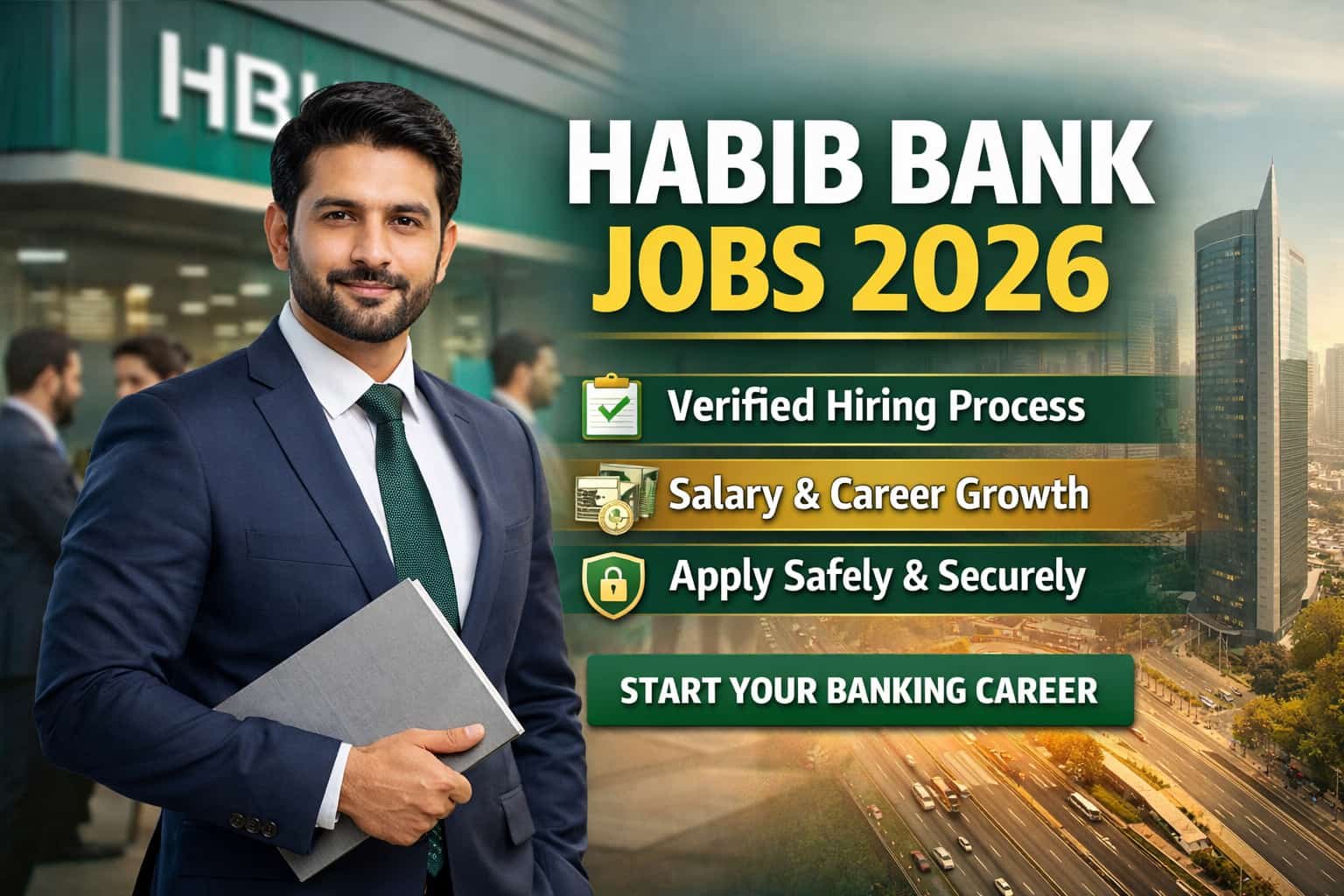 Habib Bank jobs 2026 recruitment showing HBL building and professional banker, highlighting eligibility, salary, and secure banking career opportunities in Pakistan