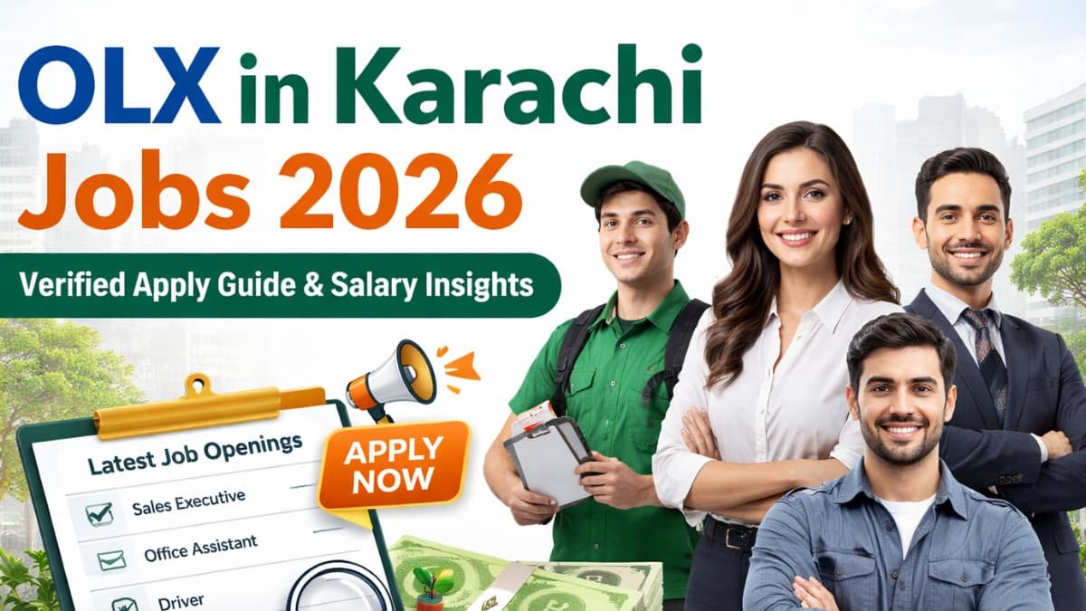OLX in Karachi Jobs 2026 verified apply banner showing a professional man holding a smartphone with Karachi skyline background and job highlights including salary, vacancies, and how to apply online.