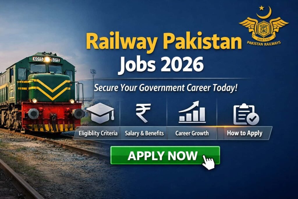 Promotional banner for Railway Pakistan Jobs 2026 showing a Pakistan Railways train with text highlighting eligibility, salary, career growth, and apply now call to action.